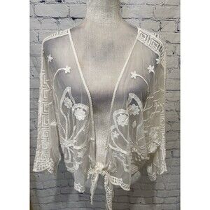 Rebellion Ivory Sheer Embroidered Lace Tie Front Top Size Small